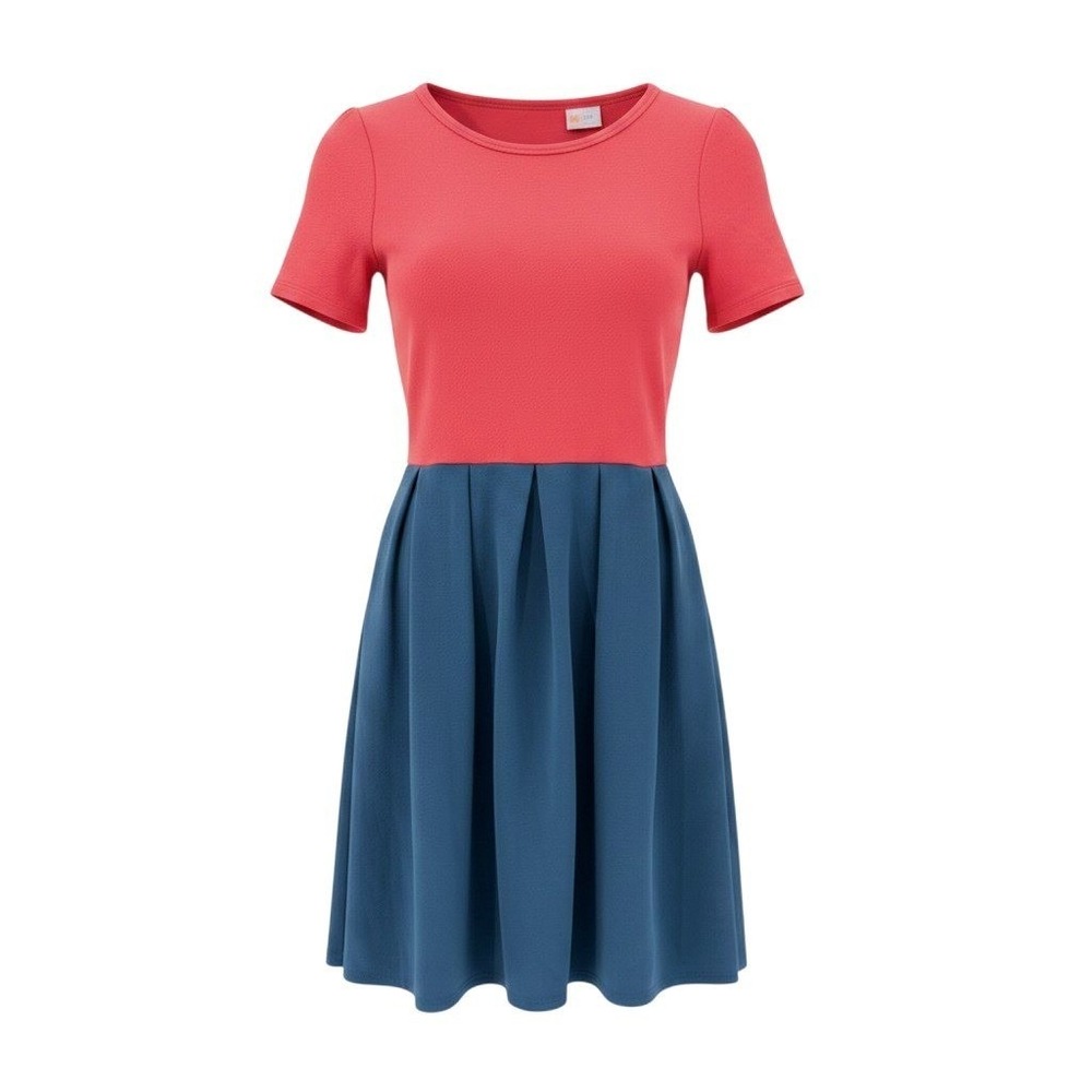 LuLaRoe Dress Amelia Colorblock Pink Blue Fit Flare Pockets Pleated EUC